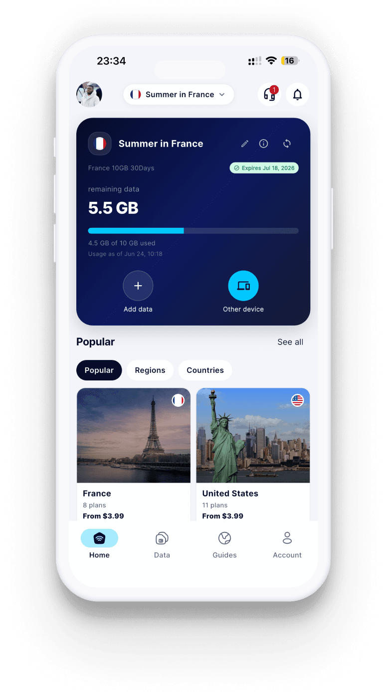BaxSim app on iPhone — home screen with destinations and data plans